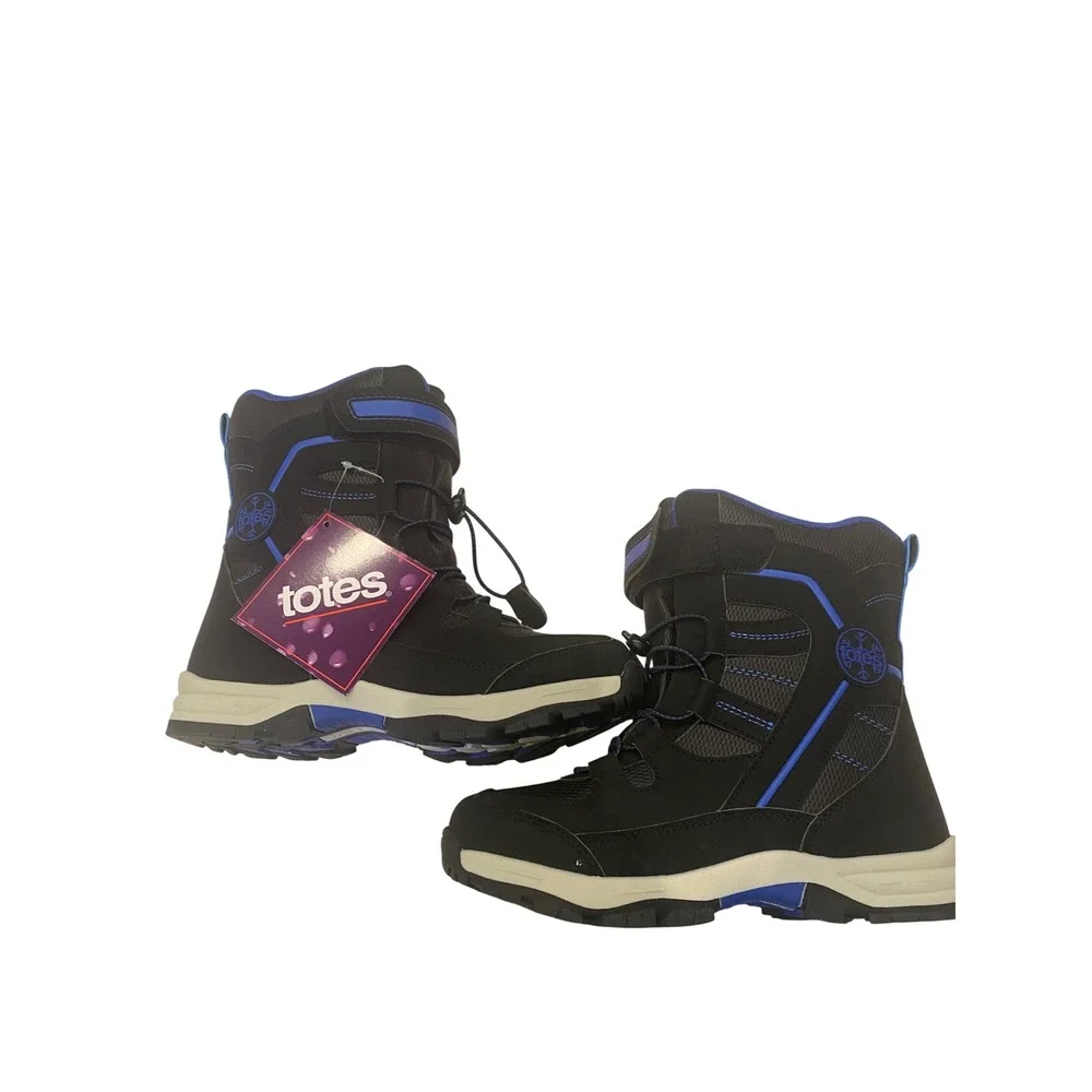 Totes Sage Boys Snow Boots Black Blue Bungee Strap Size 4 NEW